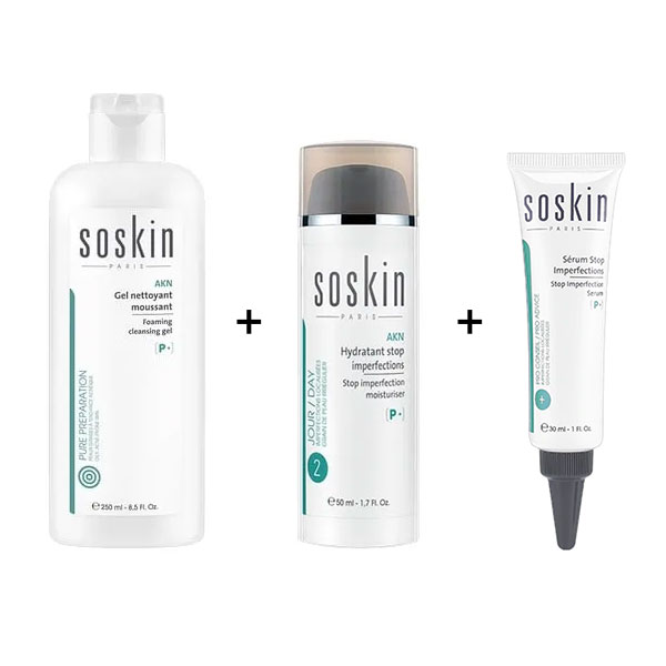 SOSKIN Foaming Cleansing Gel, 250ml + Stop Imperfection Moisturizer, 50ml + Stop Imperfection Serum, 30ml - SOSKIN-BUNDLE3