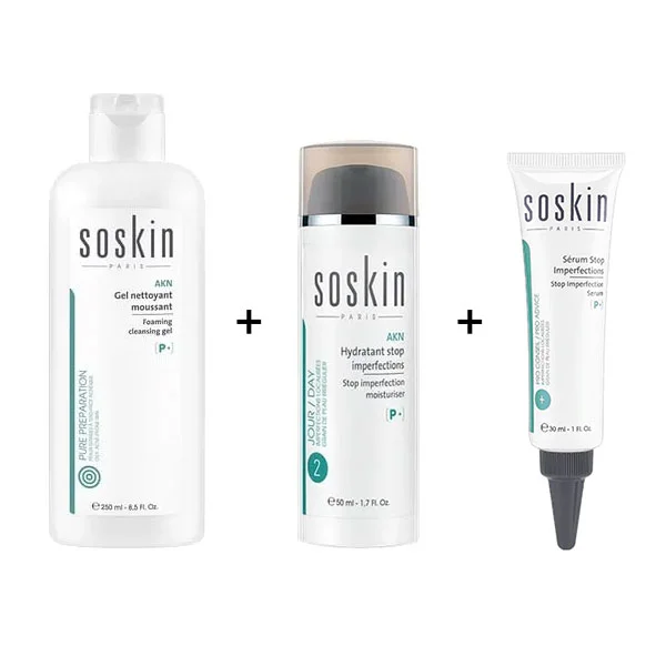 SOSKIN Foaming Cleansing Gel, 250ml + Stop Imperfection Moisturizer, 50ml + Stop Imperfection Serum, 30ml - SOSKIN-BUNDLE3