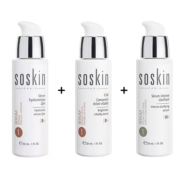 SOSKIN Hyaluronic Concentrate Serum, 30ml + Brightness Vitality Serum, 20% Vitamin C, 30ml + Intense Clarifying Serum, 30ml - SOSKIN-BUNDLE4