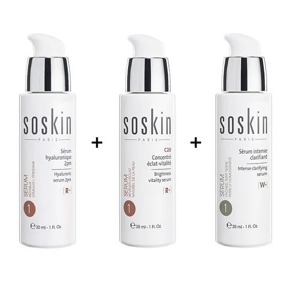 SOSKIN Hyaluronic Concentrate Serum, 30ml + Brightness Vitality Serum, 20% Vitamin C, 30ml + Intense Clarifying Serum, 30ml - SOSKIN-BUNDLE4