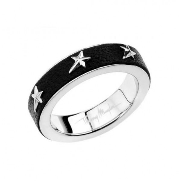 THIERRY MUGLER Thin Band Leather Steel Ring, Black - T21115N