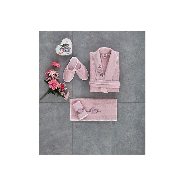 Artex Turkish Cotton EMB Bathrobe Set of 5Pcs, Pink - TU05003-PNK